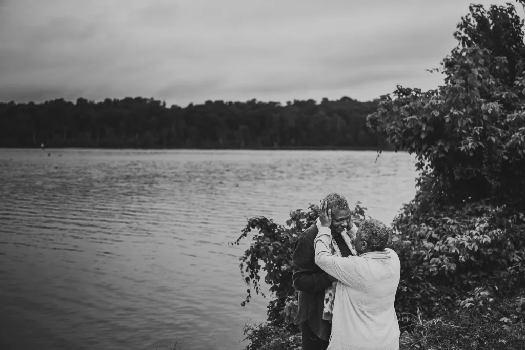 same sex elopement couple next to the potomac river