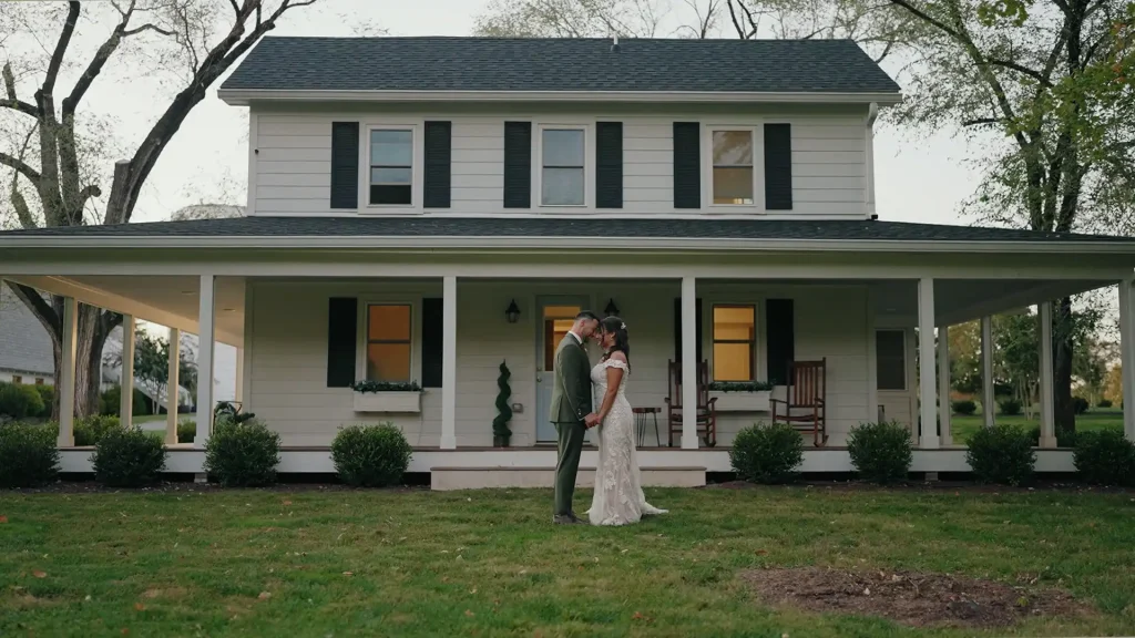 Bride & groom face to face in front of cottage at 48 Fields