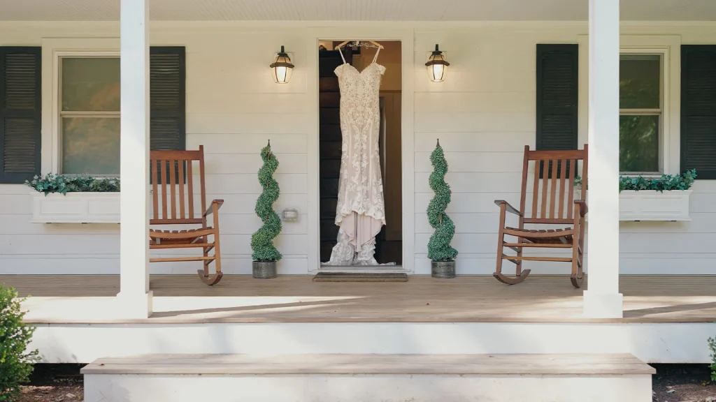 Bride's dress hanging on property door at, 48 Fields