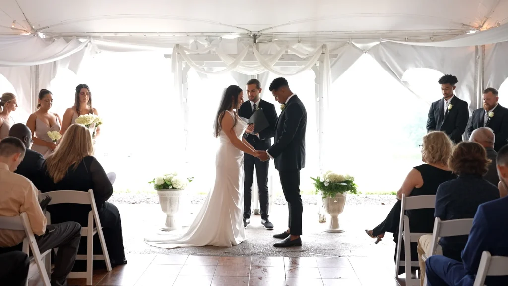 Prayer at the ceremony with bride & groom at, Sunny Slope Farm
