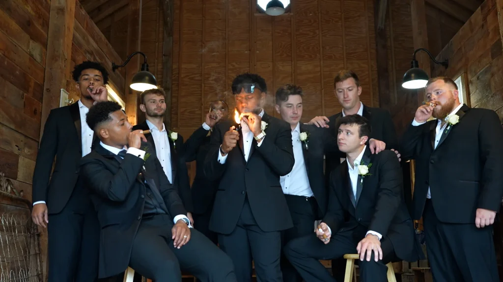 Groomsmen smoking cigars at, Sunny Slope Farm