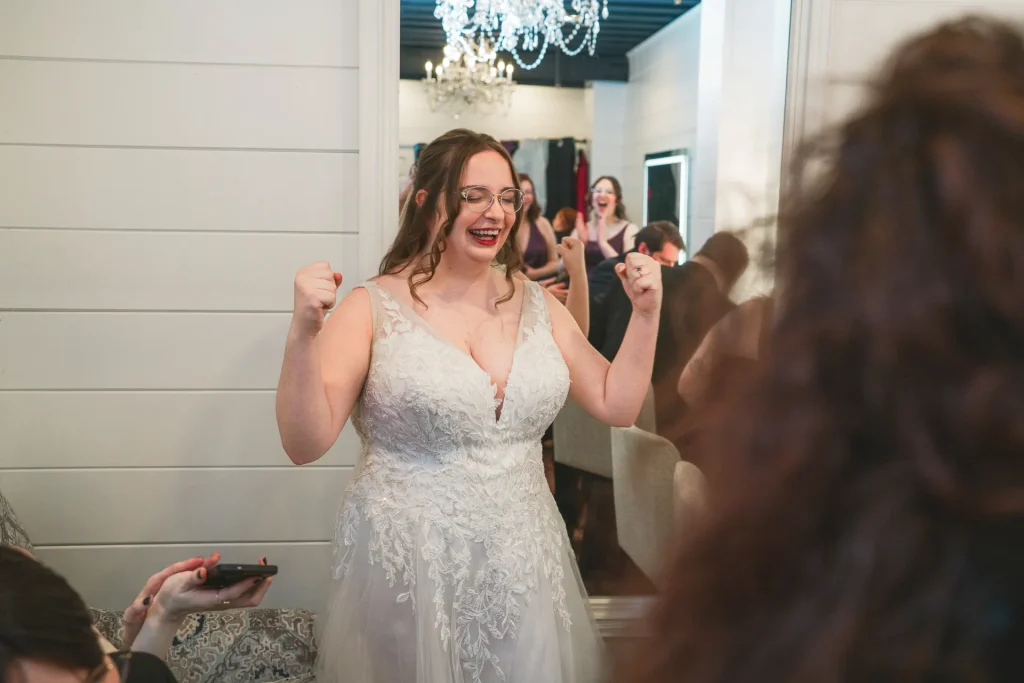 excited bride in bridal suite at the yellow barn